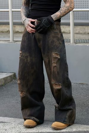 Vintage Ripped Baggy Wide-Leg Jeans for Men - Dirty Wasteland Style, American Streetwear, Cool Loose Fit, Floor-Length Pants
