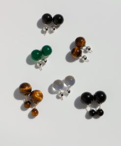 Vintage Round Black Agate & Tiger Eye Crystal Bead Earrings - Natural Stone Silver Needle Design, Boho Chic Jewelry