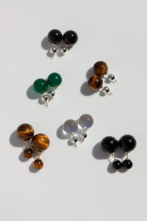 Vintage Round Black Agate & Tiger Eye Crystal Bead Earrings - Natural Stone Silver Needle Design, Boho Chic Jewelry