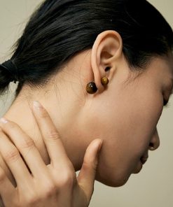 Vintage Round Black Agate & Tiger Eye Crystal Bead Earrings - Natural Stone Silver Needle Design, Boho Chic Jewelry