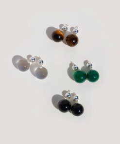 Vintage Round Black Agate & Tiger Eye Crystal Bead Earrings - Natural Stone Silver Needle Design, Boho Chic Jewelry