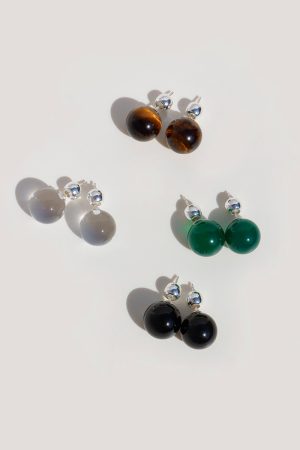 Vintage Round Black Agate & Tiger Eye Crystal Bead Earrings - Natural Stone Silver Needle Design, Boho Chic Jewelry