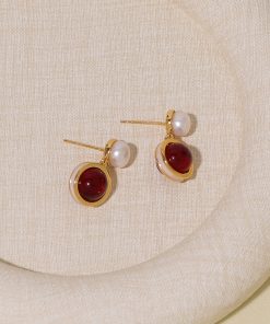 Vintage Round Red Earrings with Natural Pearl, High-End French Style Studs, Elegant Accessories for New Year Celebrations