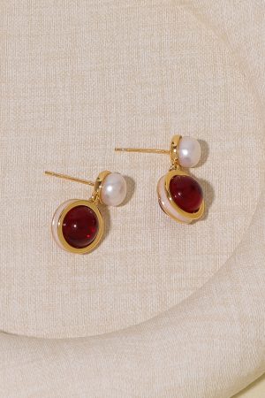 Vintage Round Red Earrings with Natural Pearl, High-End French Style Studs, Elegant Accessories for New Year Celebrations