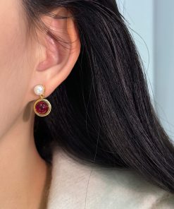 Vintage Round Red Earrings with Natural Pearl, High-End French Style Studs, Elegant Accessories for New Year Celebrations