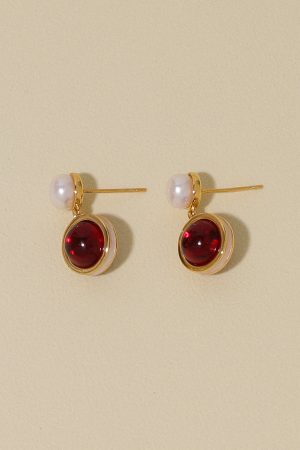 Vintage Round Red Earrings with Natural Pearl, High-End French Style Studs, Elegant Accessories for New Year Celebrations