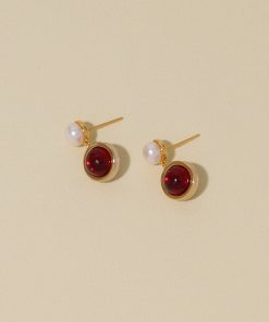 Vintage Round Red Earrings with Natural Pearl, High-End French Style Studs, Elegant Accessories for New Year Celebrations