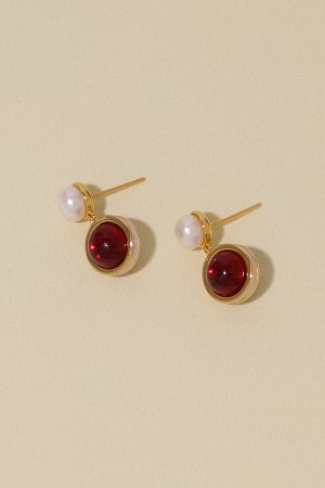 Vintage Round Red Earrings with Natural Pearl, High-End French Style Studs, Elegant Accessories for New Year Celebrations