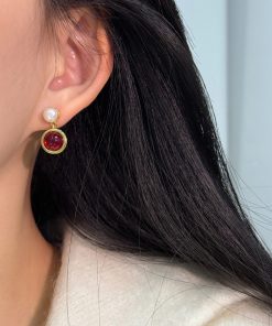 Vintage Round Red Earrings with Natural Pearl, High-End French Style Studs, Elegant Accessories for New Year Celebrations