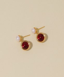 Vintage Round Red Earrings with Natural Pearl, High-End French Style Studs, Elegant Accessories for New Year Celebrations
