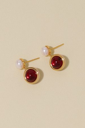 Vintage Round Red Earrings with Natural Pearl, High-End French Style Studs, Elegant Accessories for New Year Celebrations