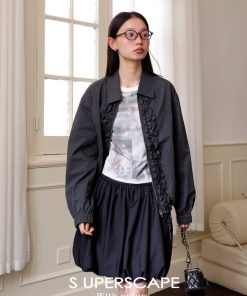 Vintage Ruffled Collar Short Jacket - Retro 90s Style Outerwear for Chic Layering