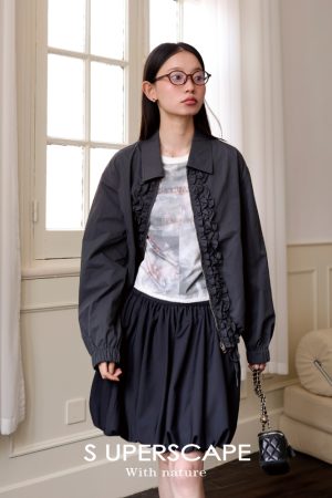 Vintage Ruffled Collar Short Jacket - Retro 90s Style Outerwear for Chic Layering