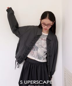 Vintage Ruffled Collar Short Jacket - Retro 90s Style Outerwear for Chic Layering