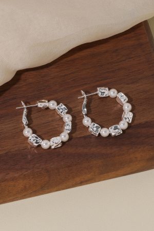 Vintage Shattered Silver Pearl Large Hoop Earrings - Versatile High-End Clip-On Accessories for Statement Style