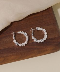 Vintage Shattered Silver Pearl Large Hoop Earrings - Versatile High-End Clip-On Accessories for Statement Style