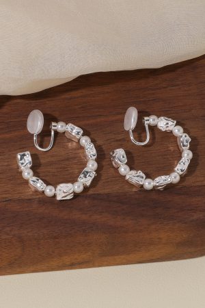 Vintage Shattered Silver Pearl Large Hoop Earrings - Versatile High-End Clip-On Accessories for Statement Style
