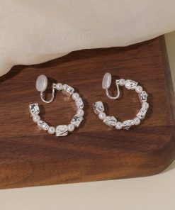 Vintage Shattered Silver Pearl Large Hoop Earrings - Versatile High-End Clip-On Accessories for Statement Style