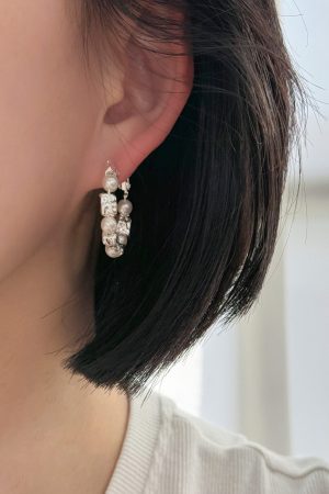 Vintage Shattered Silver Pearl Large Hoop Earrings - Versatile High-End Clip-On Accessories for Statement Style