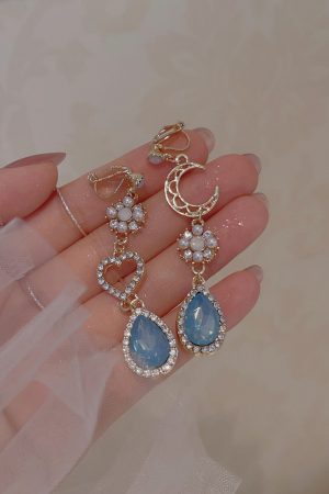 Vintage Shimmering Asymmetrical Blue Rhinestone Moon Non-Pierced Ear Cuff Earrings, Goddess of the Sea Inspired, Y2K Fashion