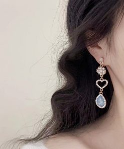 Vintage Shimmering Asymmetrical Blue Rhinestone Moon Non-Pierced Ear Cuff Earrings, Goddess of the Sea Inspired, Y2K Fashion