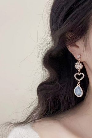 Vintage Shimmering Asymmetrical Blue Rhinestone Moon Non-Pierced Ear Cuff Earrings, Goddess of the Sea Inspired, Y2K Fashion