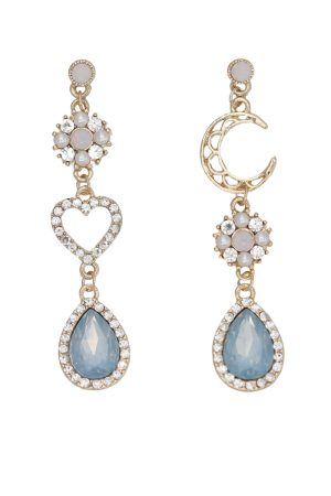 Vintage Shimmering Asymmetrical Blue Rhinestone Moon Non-Pierced Ear Cuff Earrings, Goddess of the Sea Inspired, Y2K Fashion