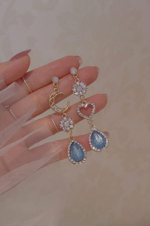 Vintage Shimmering Asymmetrical Blue Rhinestone Moon Non-Pierced Ear Cuff Earrings, Goddess of the Sea Inspired, Y2K Fashion