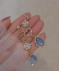 Vintage Shimmering Asymmetrical Blue Rhinestone Moon Non-Pierced Ear Cuff Earrings, Goddess of the Sea Inspired, Y2K Fashion