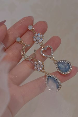Vintage Shimmering Asymmetrical Blue Rhinestone Moon Non-Pierced Ear Cuff Earrings, Goddess of the Sea Inspired, Y2K Fashion