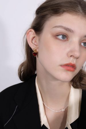Vintage Silver Ruby Heart Knot Earrings for Women - Floating Design, Elegant Metal Ear Clips, Perfect for Formal or Casual Wear