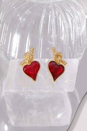 Vintage Silver Ruby Heart Knot Earrings for Women - Floating Design, Elegant Metal Ear Clips, Perfect for Formal or Casual Wear