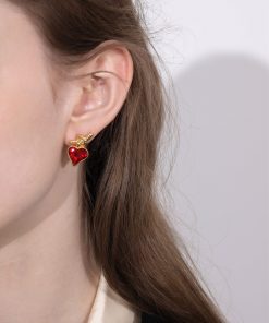 Vintage Silver Ruby Heart Knot Earrings for Women - Floating Design, Elegant Metal Ear Clips, Perfect for Formal or Casual Wear