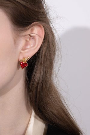 Vintage Silver Ruby Heart Knot Earrings for Women - Floating Design, Elegant Metal Ear Clips, Perfect for Formal or Casual Wear