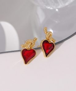 Vintage Silver Ruby Heart Knot Earrings for Women - Floating Design, Elegant Metal Ear Clips, Perfect for Formal or Casual Wear