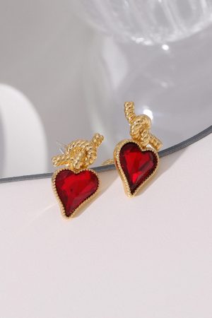 Vintage Silver Ruby Heart Knot Earrings for Women - Floating Design, Elegant Metal Ear Clips, Perfect for Formal or Casual Wear