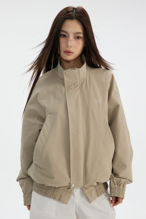 Vintage Solid Color Zip-Up Work Jacket - Loose Fit Logo Design, 90s Inspired Style