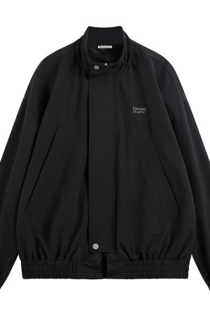 Vintage Solid Color Zip-Up Work Jacket - Loose Fit Logo Design, 90s Inspired Style