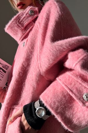 Vintage Stand Collar Black Wool Coat for Women - 2025 Winter Long Overcoat in Classic Style