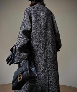 Vintage Stand Collar Black Wool Coat for Women - 2025 Winter Long Overcoat in Classic Style