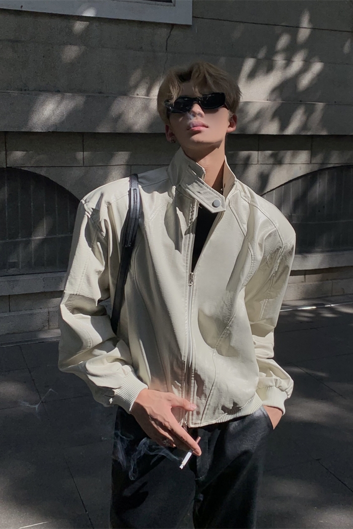 Vintage Stand Collar Leather Jacket for Men and Women, High-End Loose Fit with Shoulder Pads, Short Motorcycle Coat for Spring and Autumn Vintage Stand Collar Leather Jacket for Men and Women, High-End Loose Fit with Shoulder Pads, Short Motorcycle Coat for Spring and Autumn