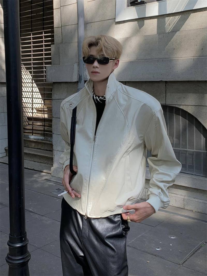 Vintage Stand Collar Leather Jacket for Men and Women, High-End Loose Fit with Shoulder Pads, Short Motorcycle Coat for Spring and Autumn Vintage Stand Collar Leather Jacket for Men and Women, High-End Loose Fit with Shoulder Pads, Short Motorcycle Coat for Spring and Autumn