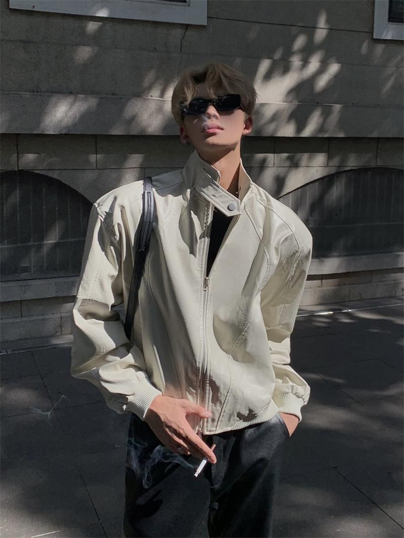 Vintage Stand Collar Leather Jacket for Men and Women, High-End Loose Fit with Shoulder Pads, Short Motorcycle Coat for Spring and Autumn Vintage Stand Collar Leather Jacket for Men and Women, High-End Loose Fit with Shoulder Pads, Short Motorcycle Coat for Spring and Autumn