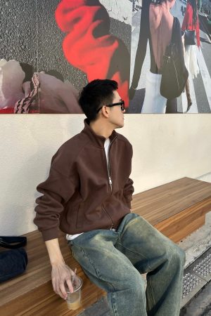 Vintage Stand Collar Zipper Hoodie Jacket for Men - Korean Style Loose Casual Top for Autumn & Winter Fashion