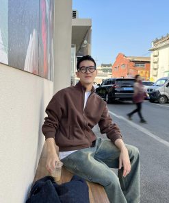 Vintage Stand Collar Zipper Hoodie Jacket for Men - Korean Style Loose Casual Top for Autumn & Winter Fashion