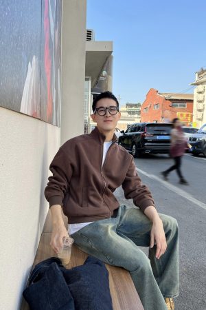 Vintage Stand Collar Zipper Hoodie Jacket for Men - Korean Style Loose Casual Top for Autumn & Winter Fashion