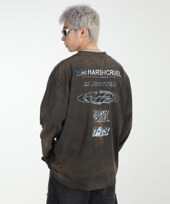 Vintage Street Heavy Wash Printed Loose Long Sleeve T-Shirt for a Retro 90s Look