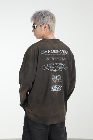 Vintage Street Heavy Wash Printed Loose Long Sleeve T-Shirt for a Retro 90s Look