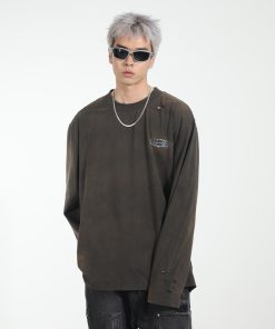 Vintage Street Heavy Wash Printed Loose Long Sleeve T-Shirt for a Retro 90s Look