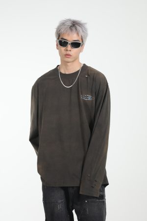 Vintage Street Heavy Wash Printed Loose Long Sleeve T-Shirt for a Retro 90s Look